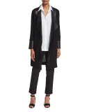 Long Leather-Trim Jacket, Black