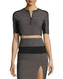 Sporty Diamond-Pattern Mesh-Inset Crop Top