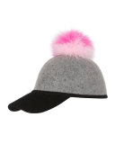 Sass Baseball Cap w/Tricolor Fur Pom-Pom, Pink/White