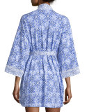 Blue Tile Printed Short Robe, Blue Print