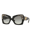 Square Studded-Temple Sunglasses, Black/Gold