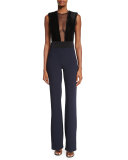 Velvet Illusion-Front Sleeveless Jumpsuit, Black/Midnight