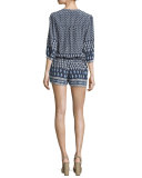 Solstice 3/4-Sleeve Silk Romper, Dark Navy