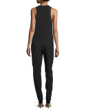 Sleeveless V-Neck Pleated-Front Jumpsuit, Black