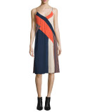 Frederica Sleeveless Colorblock Slip Dress, Rickrack Khaki/Orange/Midnight