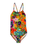 Floral Cross-Back One-Piece Swimsuit, Multicolor, Size 8-14