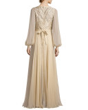 Long-Sleeve Embroidered Tulle & Silk Chiffon Gown, Champagne