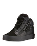 Crystal-Detail Leather & Suede Mid-Top Sneaker, Black