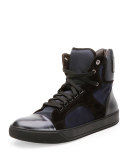 Mixed-Media High-Top Sneaker, Navy 