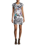 Short-Sleeve Harajuku Print Sheath Dress, Off White