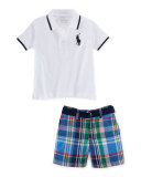 Tipped Basic Mesh Polo Shirt w/ Plaid Shorts, White, Size 9-24 Months