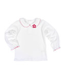 Long-Sleeve Collared Jersey Blouse, White/Fuchsia, Size 2-3