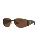 Squared Monochromatic Aviator Wrap Sunglasses, Gold/Brown