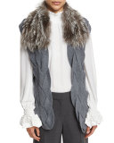 Evannah Braided Sweater w/ Fox Fur Collar, Gray Melange