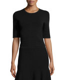 Half-Sleeve Round-Neck Ribbed Top, Black