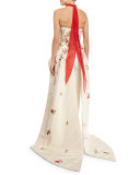 Strapless Embroidered Peplum Top w/ Train, Cream/Multi