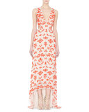 Juela Cutout High-Low Gown, Nude/Poppy