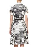 Short-Sleeve Floral Belted Shirtdress, Black/White