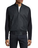 Croc-Embossed Perforated Leather Jacket, Navy Blue