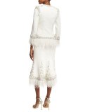 Beaded Boucle Trumpet Skirt with Feather Hem, Ivory