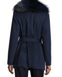 Short Wool Wrap Coat w/ Fox Fur, Midnight