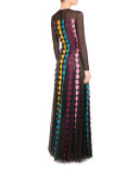 Daisy-Appliqué Long-Sleeve Gown, Black/Multi