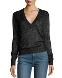 Dominique Cable-Knit V-Neck Sweater, Black Metallic