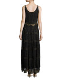 Sleeveless Studded Macramé & Chiffon Column Gown