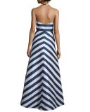 Halter-Neck Striped Two-Tone Gown, Navy/Optice