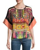 Tassel-Trim Half-Sleeve Peasant Top, Black/Salmon/Magenta