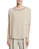 Bolzano Short-Sleeve Rib-Trim Silk Crepe Blouse, Beige