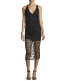 Sleeveless Netted V-Neck Cocktail Dress, Jet Black