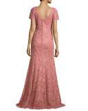 Short-Sleeve Sequined Lace Gown