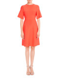 Half-Sleeve Twist Open-Back Dress, Hot Coral