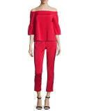 Stretch Faille Boxy Off-the-Shoulder Top, Cadmium Red