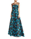 Barbara Cap-Sleeve Embroidered Jacquard Gown, Blue Topaz