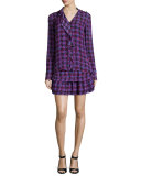 Silk 2-in-1 Houndstooth Flounce Dress, Cobalt/Multicolor