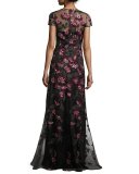 Cap-Sleeve Floral Tulle Gown, Pink/Gold/Black