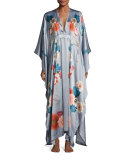 V-Neck Floral-Print Silk Wrap, Silver