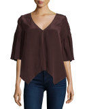 Stacey Smocked-Sleeve Georgette Top, Merlot