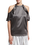 Ruffled Satin Cold-Shoulder Top