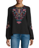 Long-Sleeve Floral-Embroidered Top, Black