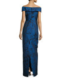 Off-the-Shoulder Floral Jacquard Column Gown, Blue