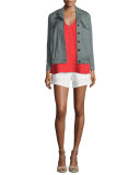 High-Rise Stretch Denim Toggle-Pocket Shorts, White