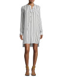 Long-Sleeve Henley Belted Shirtdress, White/Black