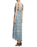 Lena Sleeveless Ikat-Print Midi Dress, Denim/Ecru