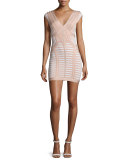Cap-Sleeve V-Neck Bandage Dress, Alabaster Combo