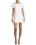 Piped-Neckline Mini Dress, Ivory