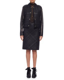 Braided-Front Leather Pencil Skirt, Black