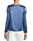 Maxina Long-Sleeve Cold-Shoulder Silk Charmeuse Blouse, Medium Blue